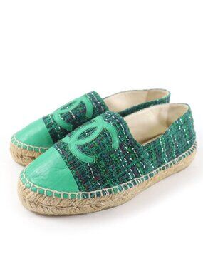Chanel CC Logo Fabric Espadrilles Tweed Shoes Green